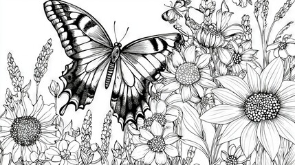 Obraz premium A monochrome illustration of a butterfly amidst a sea of flowers, with daisies dominating the foreground