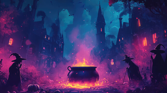 A painting of a witch's cauldron with three witches standing around it