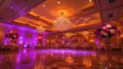 Elegant banquet hall with chandeliers and floral arrangements, illuminated in purple hues.