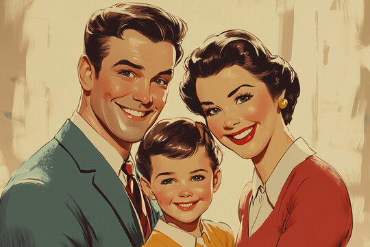 happy caucasian family 1950s retro style painting vintage advertising