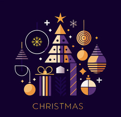 Christmas poster with tree and decorations in geometric shapes 