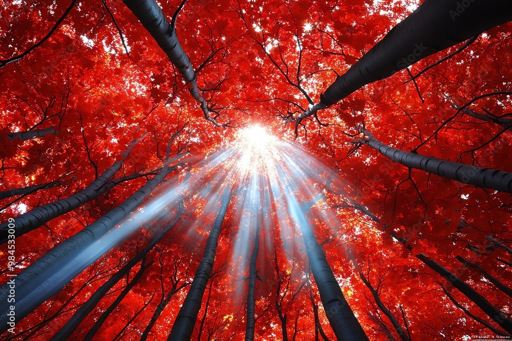 Poster a canopy of red and orange leaves, with sunlight barely breaking through, creating an enchanting and