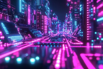 Neon lit futuristic city with glowing skyscrapers and streets at night