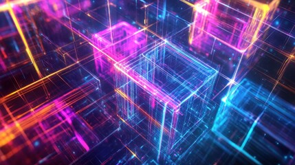 Abstract digital representation of glowing, interconnected cubes in vibrant colors.