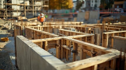 Detailed view of a construction site's temporary wooden framework used to shape concrete structures
