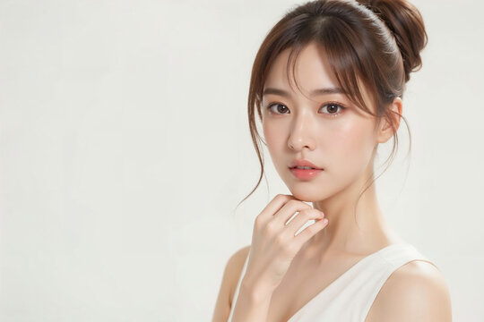 A woman with long brown hair and a white tank top poses for a picture