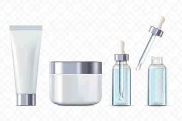 Skin care cosmetics packaging mockups. Vector templates isolated on transparent background.