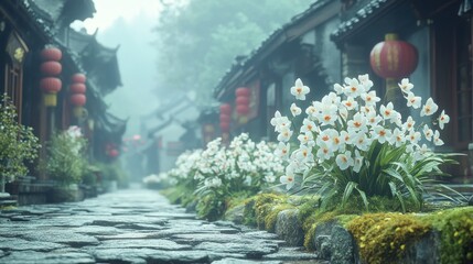 Serene pathway lined with flowers and traditional buildings in mist.