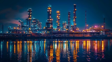 Obraz premium A city skyline with a large industrial plant and a body of water