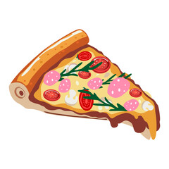 National Pizza Day. Margherita, salami pizza and mushroom pizza. Stickers of Italian cuisine cooking, a national dish. Trendy food and pizza stickers in 90s doodle groovy style