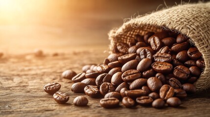 Coffee beans. The image focuses on a close-up of rich, roasted coffee beans, with their texture and natural oils highlighted under warm lighting. 