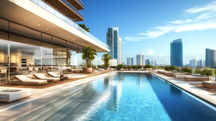 An illustration of Miami luxury real estate with high-end properties, including swimming pools, rooftop terraces, and modern architecture.