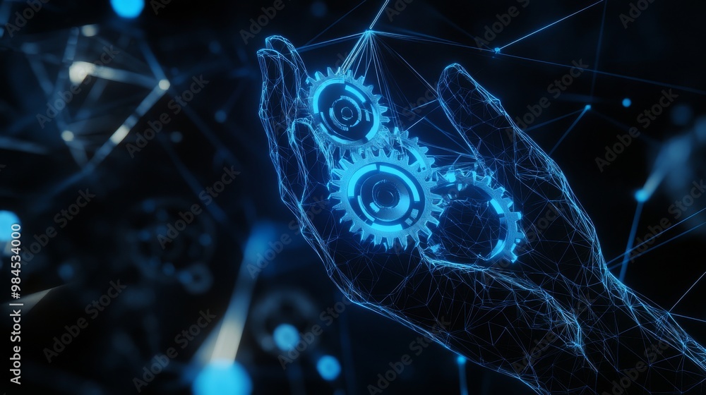 Poster an image of a hand holding gears depicting software development technical support in the future.
