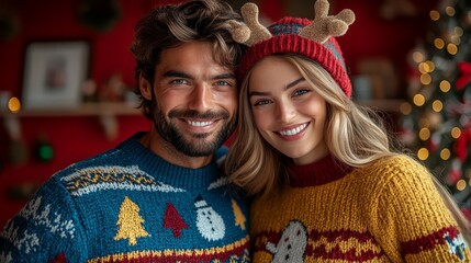 Cheerful holiday selfie of a man and woman in festive sweaters with playful expressions against a bright red background