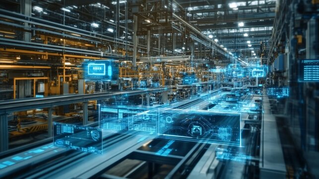 AI decision-making in factories, showcasing data visualizations and insights that empower management to optimize operations and enhance productivity through technology