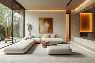 Minimalist living room featuring clean lines, neutral tones, and simple decor.