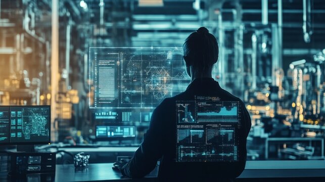 AI-driven decision-making in factories, showcasing dynamic data visualizations and insights that empower management to enhance operational efficiency and productivity.