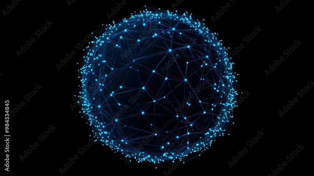 Poster grid of spherical mesh, globe or ball surrounded by a wireframe circular net, a modern digital earth