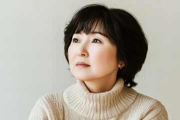 Portrait of a Middle Aged Asian Woman with Deep Expression and Wrinkled Face, Dressed in Casual Attire on a Plain Background - Perfect for Stock Photography Focusing on Emotion, Experience