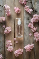 A beauty serum bottle surrounded by delicate pink cherry blossoms on a rustic wooden surface.
