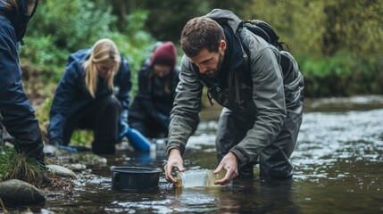 Environmental Impact Assessment in River Ecosystem, scientists in protective gear collecting water samples from a flowing river for ecological research and analysis