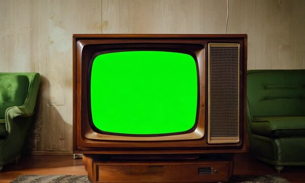 Old retro style TV with green screen