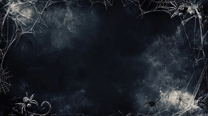 A black background with spider webs and a spider