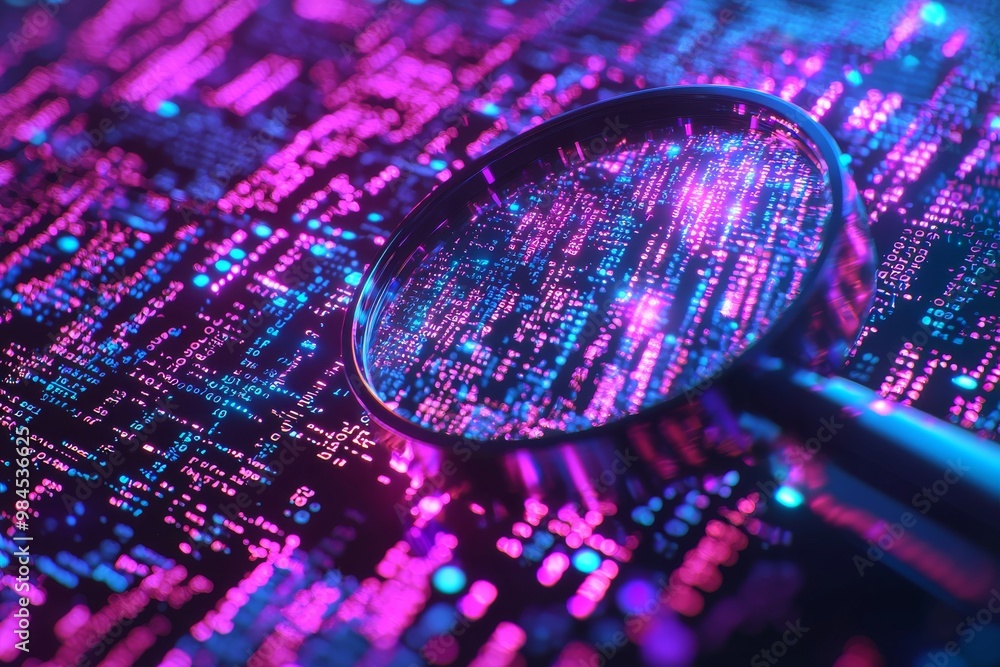 Poster digital technology concept with a magnifying glass against a background of luminous graphs, charts, 