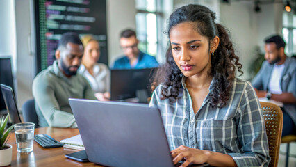 A group of people are sitting at a table with laptops in a collaborative environment. One person in the foreground is focused on her computer, while others are working in the background.AI generated.