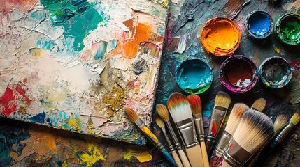 Obraz premium Colorful artistic palette with paintbrushes and vibrant paints on canvas, perfect for creative inspiration and artistic projects.