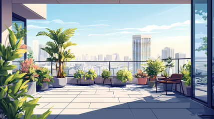 A flat roof with city views and potted plants on the terrace generative ai. Rooftop View. Illustration