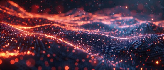 A vibrant digital image of glowing particle waves in red, orange, and yellow against a blue-purple gradient background exudes energy and innovation.