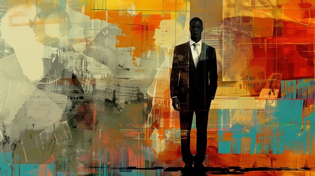 Digital artwork: a man in a suit with a white tie, non-expressive, vibrant abstract background with chaotic graffiti patterns. Contrast of professionalism and creative chaos.