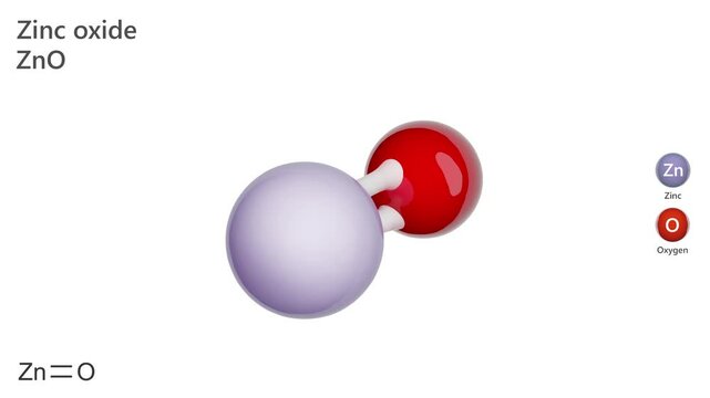 The chemical formula and 3d model of zinc oxide (ZnO). Zinc oxide is used in manufacturing processes: rubbers, plastics, ceramics, cement, lubricants, paints, ointments, batteries. 3d rendering.