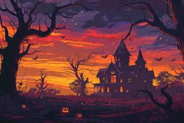 A Haunted House with Jack-o-Lanterns and Bats at Sunset