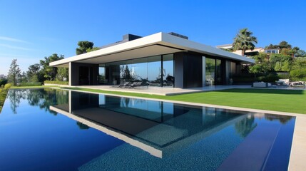 Modern villa with a pool reflecting the clear blue sky and lush surroundings.