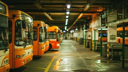 Fototapeta premium A night view of a bus station shows parked buses in orange and white under bright lights. The wet ground suggests recent rain, creating a dark setting with a sense of buses ready for service.