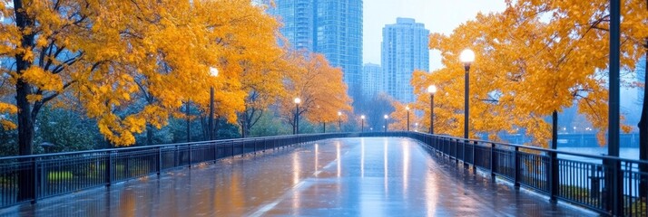 Autumn season rainy landscape in city
