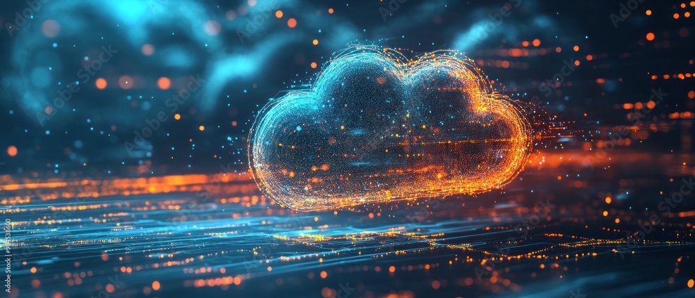 Poster abstract digital cloud with glowing particles representing data and technology.