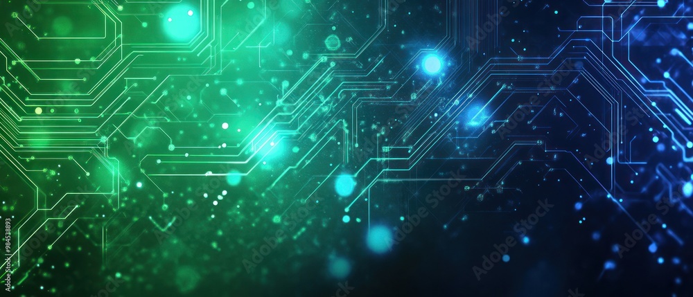 Poster abstract digital background with circuit patterns and glowing particles in blue and green hues.