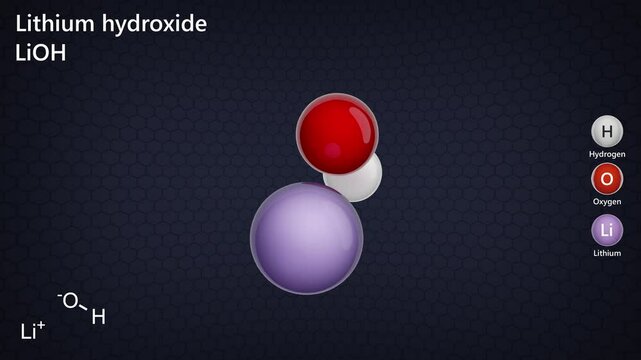 A detailed 3D animation of the chemical structure Lithium hydroxide LiOH. It is mainly used in the production of cathode materials for lithium-ion batteries. 3d render. Black back. Seamless loop