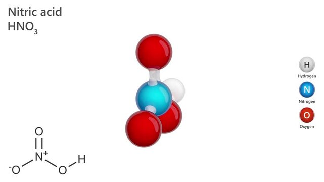 The 3D model of Nitric acid molecule HNO3. It is a liquid with reddish brown vapors and a suffocating odor. Very toxic by inhalation. Nitric acid is used as a strong oxidizing agent. Seamless loop