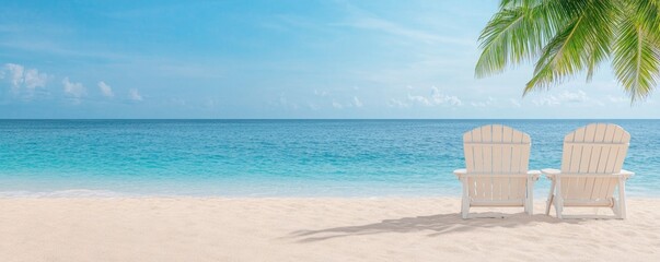 Beach chairs on sandy beach with palm tree and turquoise sea. Summer vacation and travel concept