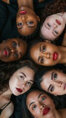 A diverse group of women in black tops and red lipstick form a harmonious circle, symbolizing unity and beauty in diversity through their varied skin tones and connected gazes.