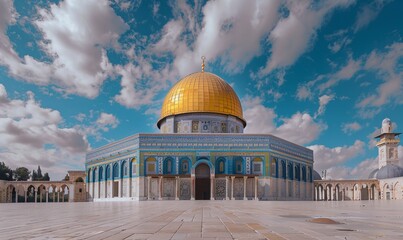 The majestic Al-Aqsa Mosque in Jerusalem is a structure featuring a golden dome, Generative AI.