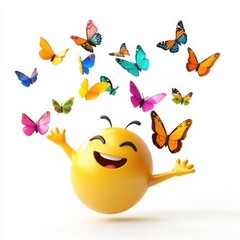 Fototapeta premium A 3D cartoon emoji waving its hands as colorful butterflies emerge, symbolizing the release of creative ideas, on a white background