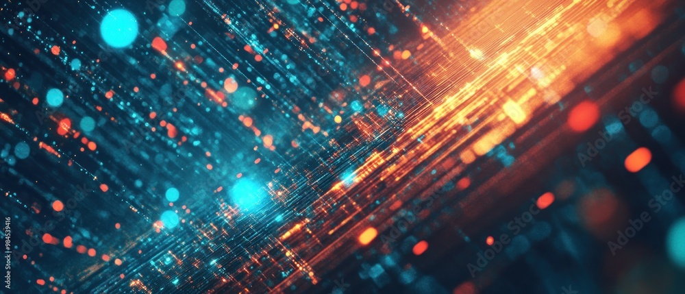 Poster abstract digital visualization with glowing particles and lines, suggesting technology and data flow