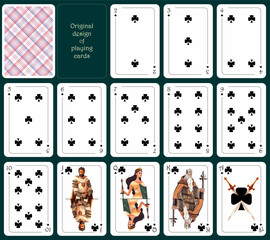 Original design of playing cards. All the cards of the clubs suit. Standard poker deck from two to ace. All cards are clubs