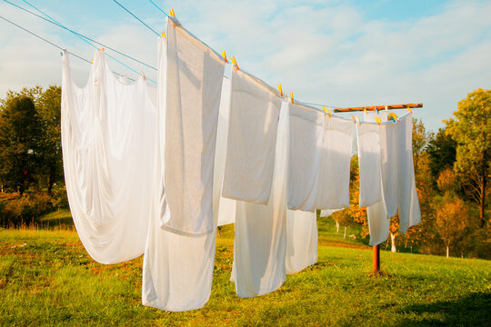 Linen hanging on the clothesline and dried