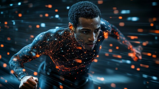 Athlete in smart clothing runs swiftly, utilizing embedded sensors to track performance data during an intense training session in a high-tech environment - Powered by Adobe